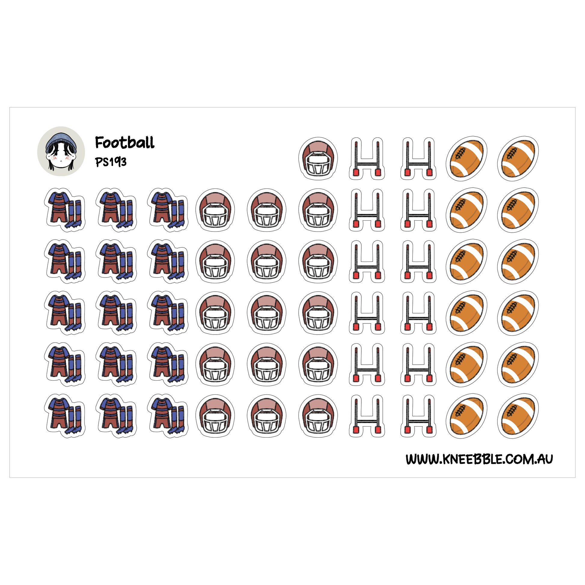 various football-related stickers, including footballs, football helmets, and football uniforms.