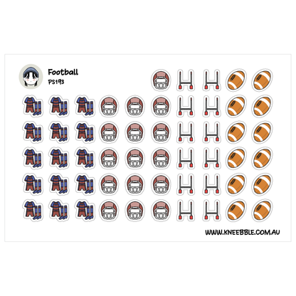 various football-related stickers, including footballs, football helmets, and football uniforms.