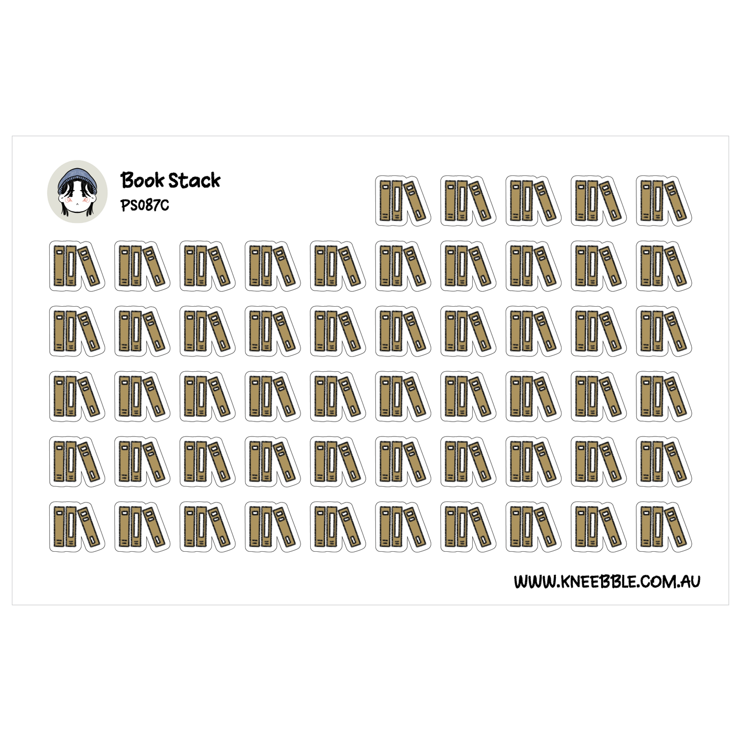 a grid of stickers depicting various book-related icons, such as open books, book covers, and book bindings.