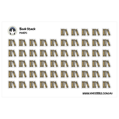 a grid of stickers depicting various book-related icons, such as open books, book covers, and book bindings.