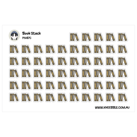 a grid of stickers depicting various book-related icons, such as open books, book covers, and book bindings.