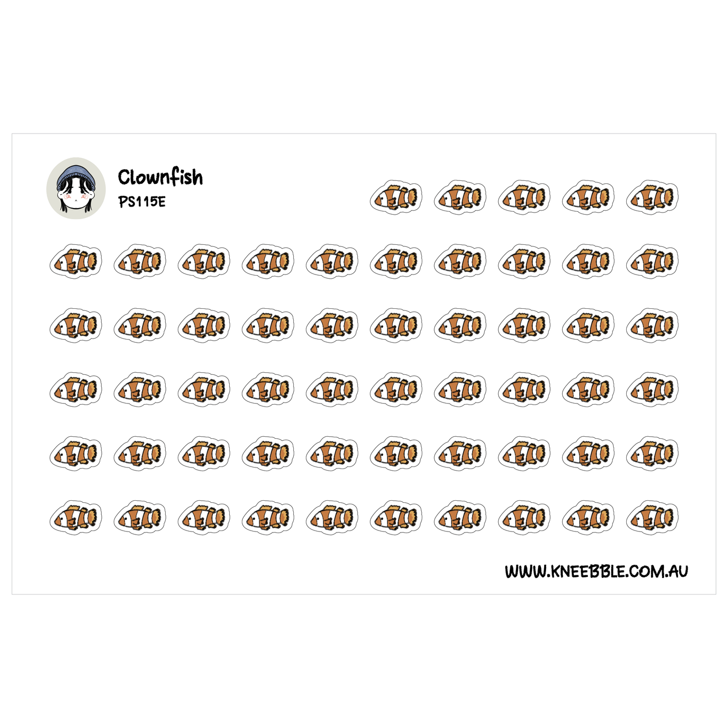 a grid of identical clownfish stickers arranged in rows and columns.