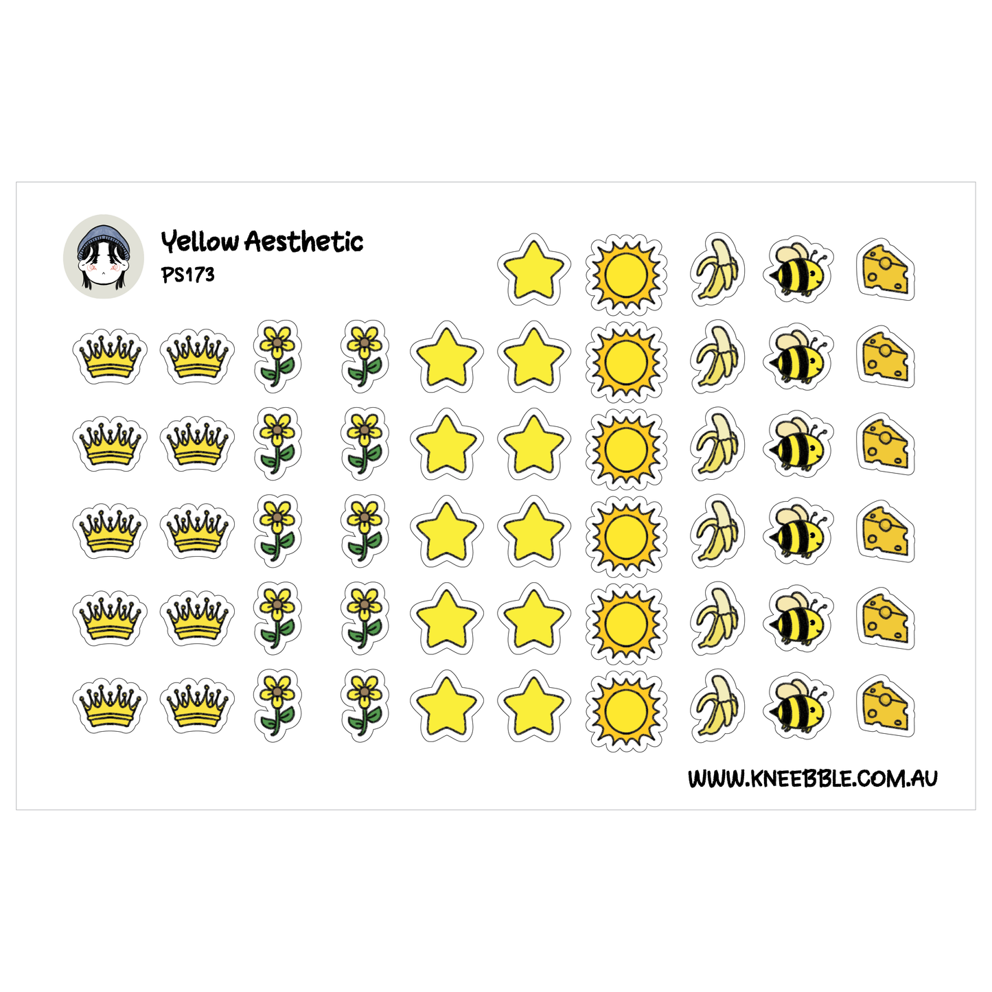 various yellow-themed stickers and icons, including crowns, flowers, stars, and bees.