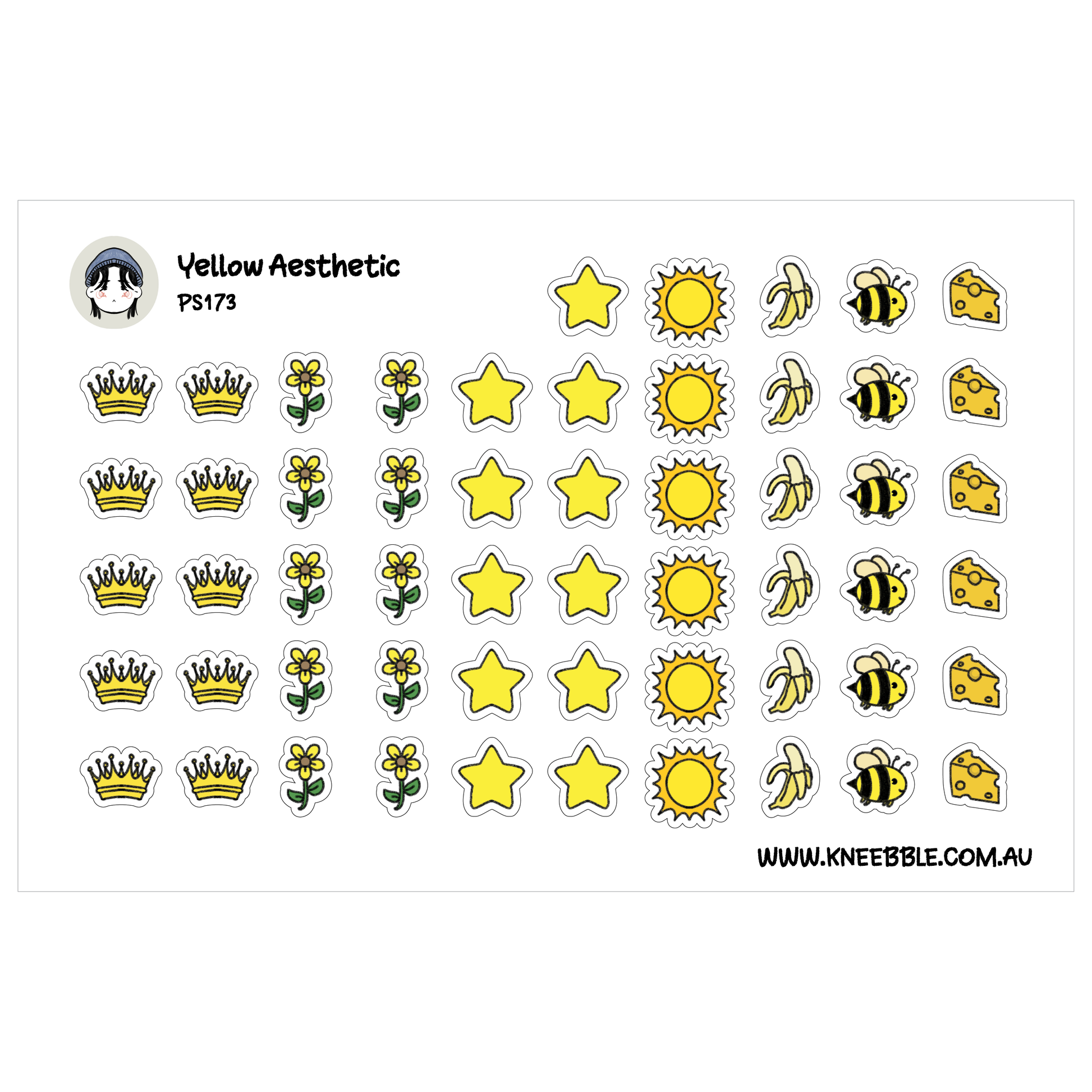 various yellow-themed stickers and icons, including crowns, flowers, stars, and bees.