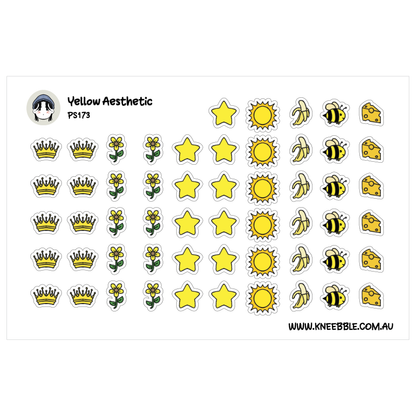 various yellow-themed stickers and icons, including crowns, flowers, stars, and bees.