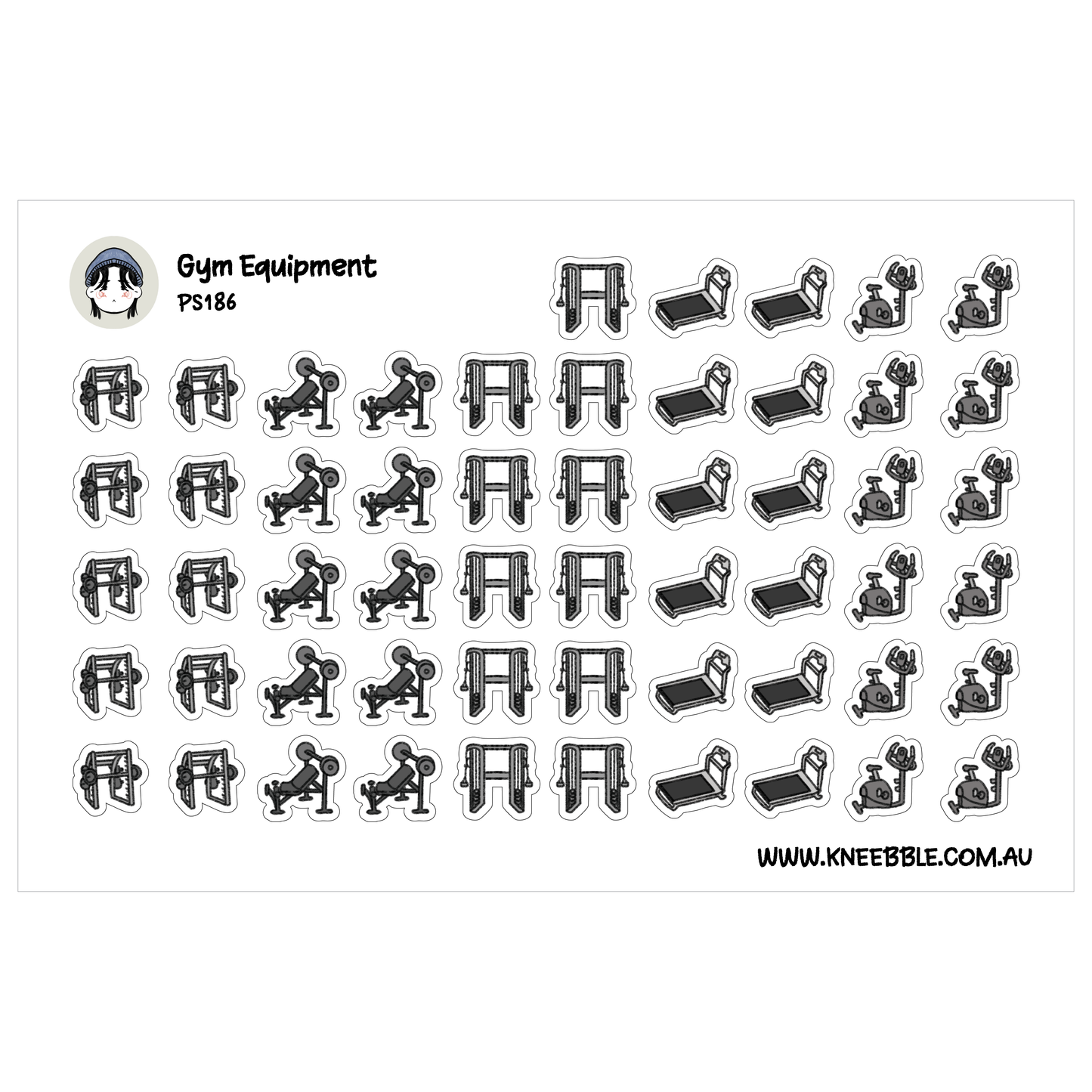 a collection of black and white stickers depicting various gym equipment, including weight machines, treadmills, and other fitness-related items.
