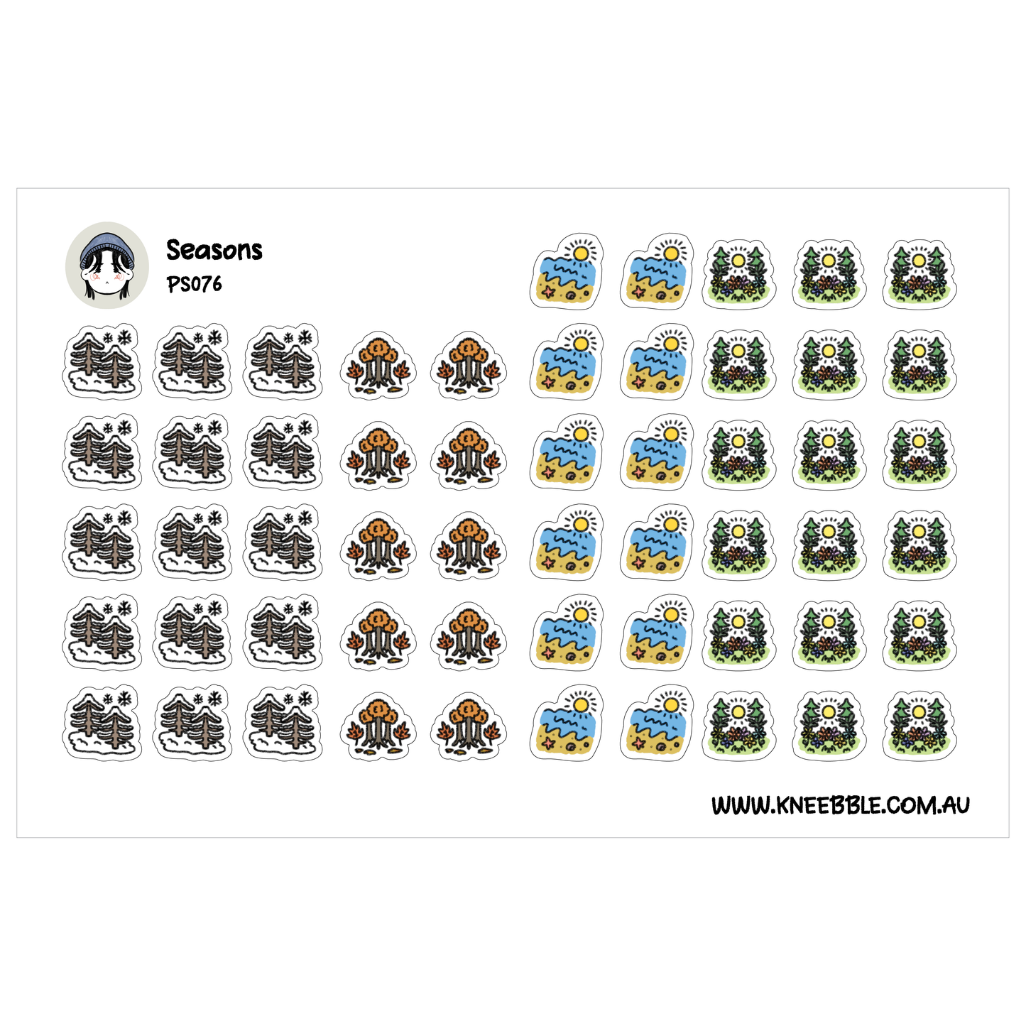 a collection of various stickers depicting different seasons, including snow, beach, and forest scenes.
