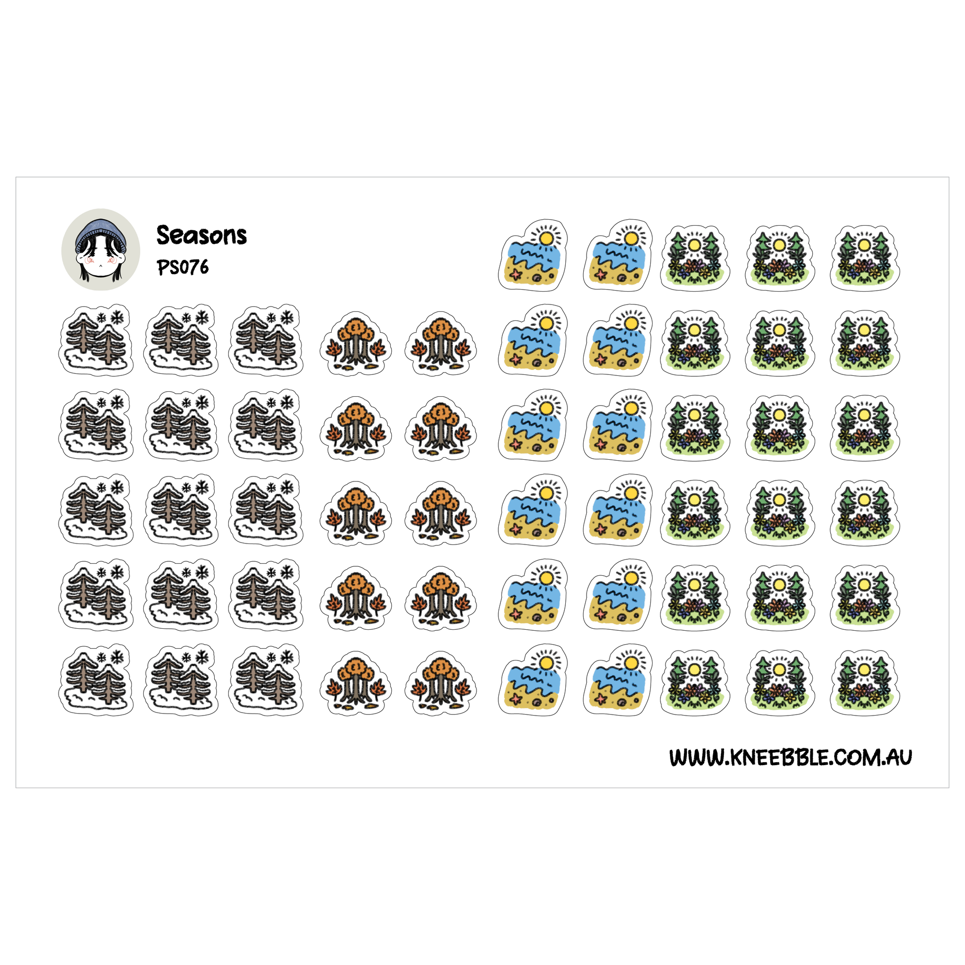 a collection of various stickers depicting different seasons, including snow, beach, and forest scenes.