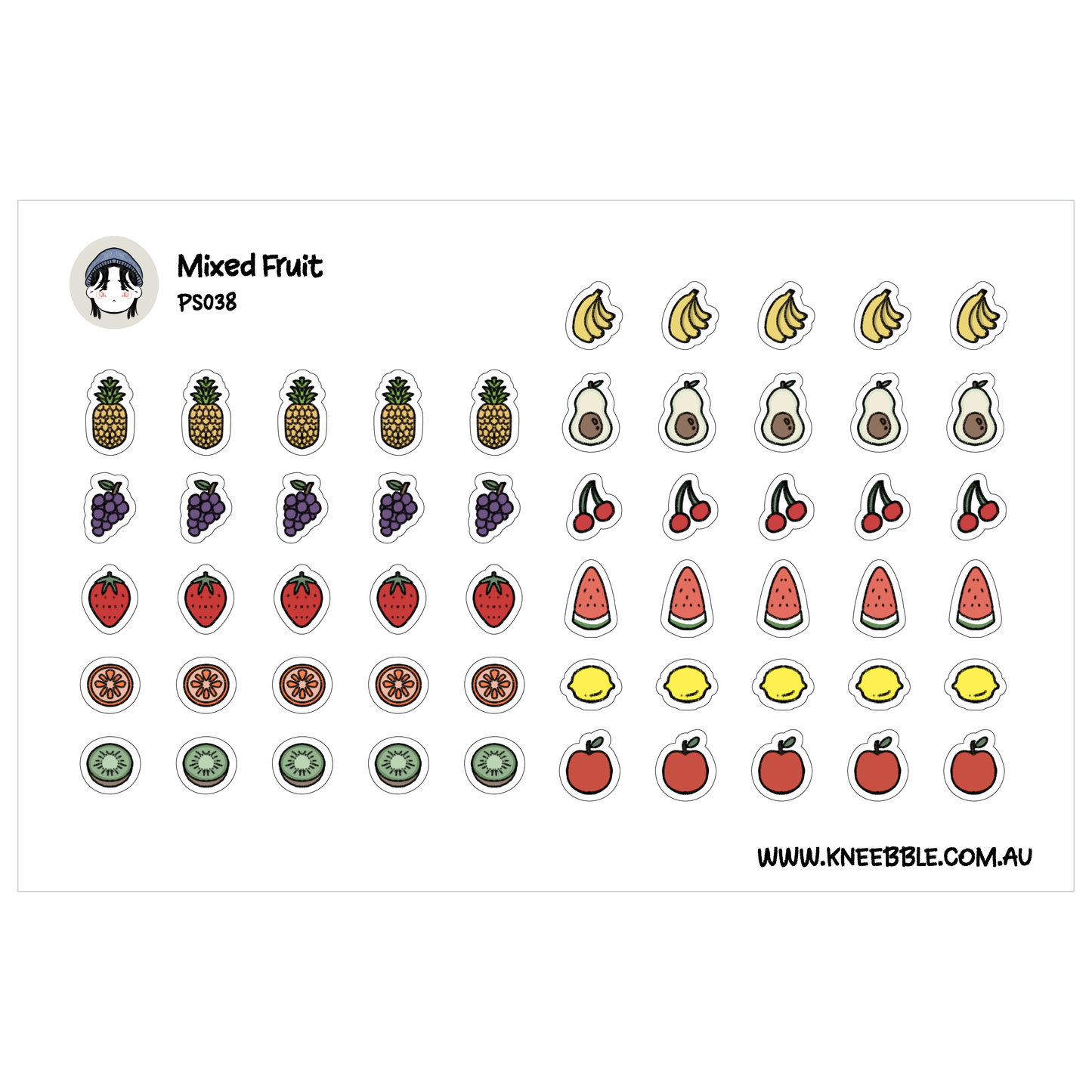 a collection of colorful fruit stickers arranged in rows and columns, including bananas, apples, oranges, and watermelons.