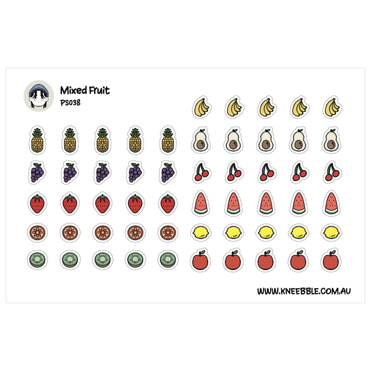 a collection of colorful fruit stickers arranged in rows and columns, including bananas, apples, oranges, and watermelons.