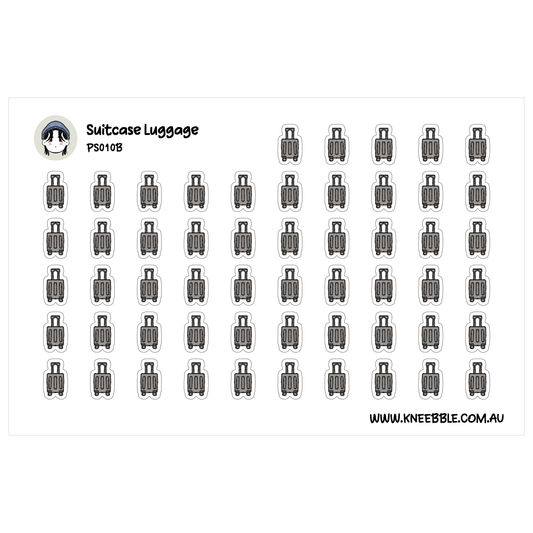 a grid of small black and white stickers depicting various suitcase designs.