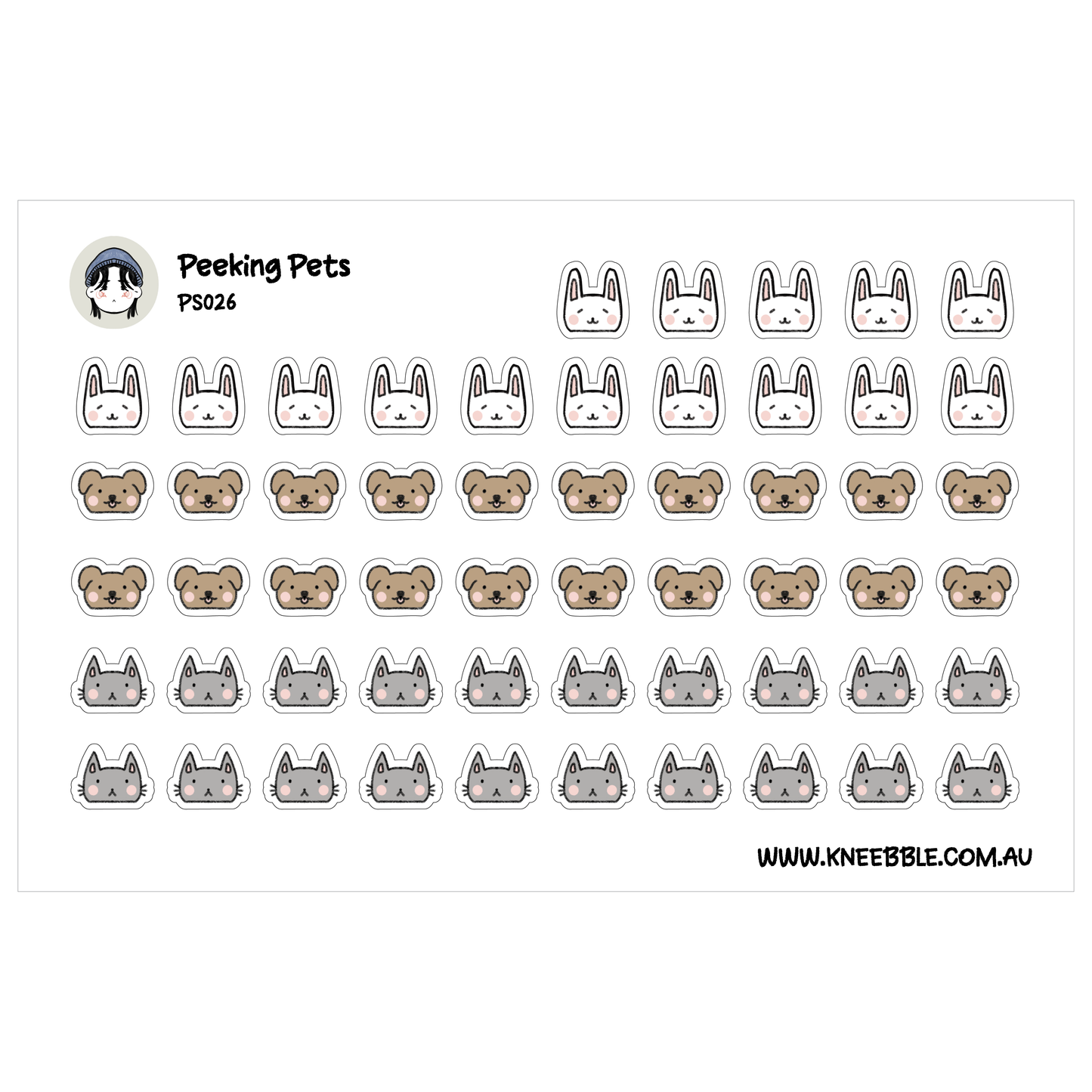 a grid of various animal stickers, including cats, dogs, and rabbits, arranged in a visually appealing manner.