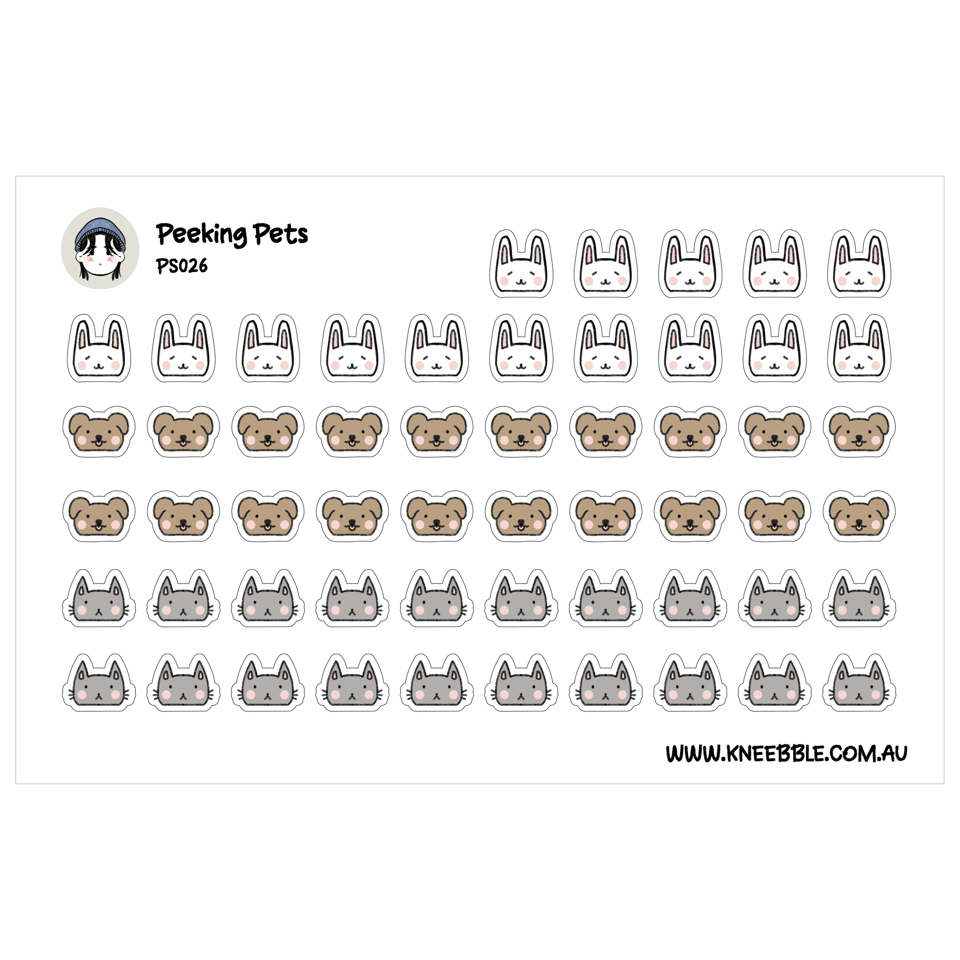 a grid of various animal stickers, including cats, dogs, and rabbits, arranged in a visually appealing manner.