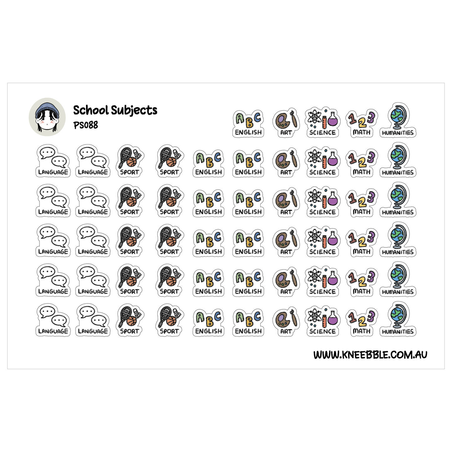 a collection of school subjects, each represented by a unique symbol or icon. The subjects include Language, Sport, English, Science, Math, History, and Arts. The symbols are arranged in a grid format, with each row representing a different subject and each column representing a different symbol. The image does not contain any text, and the symbols are not described in detail.