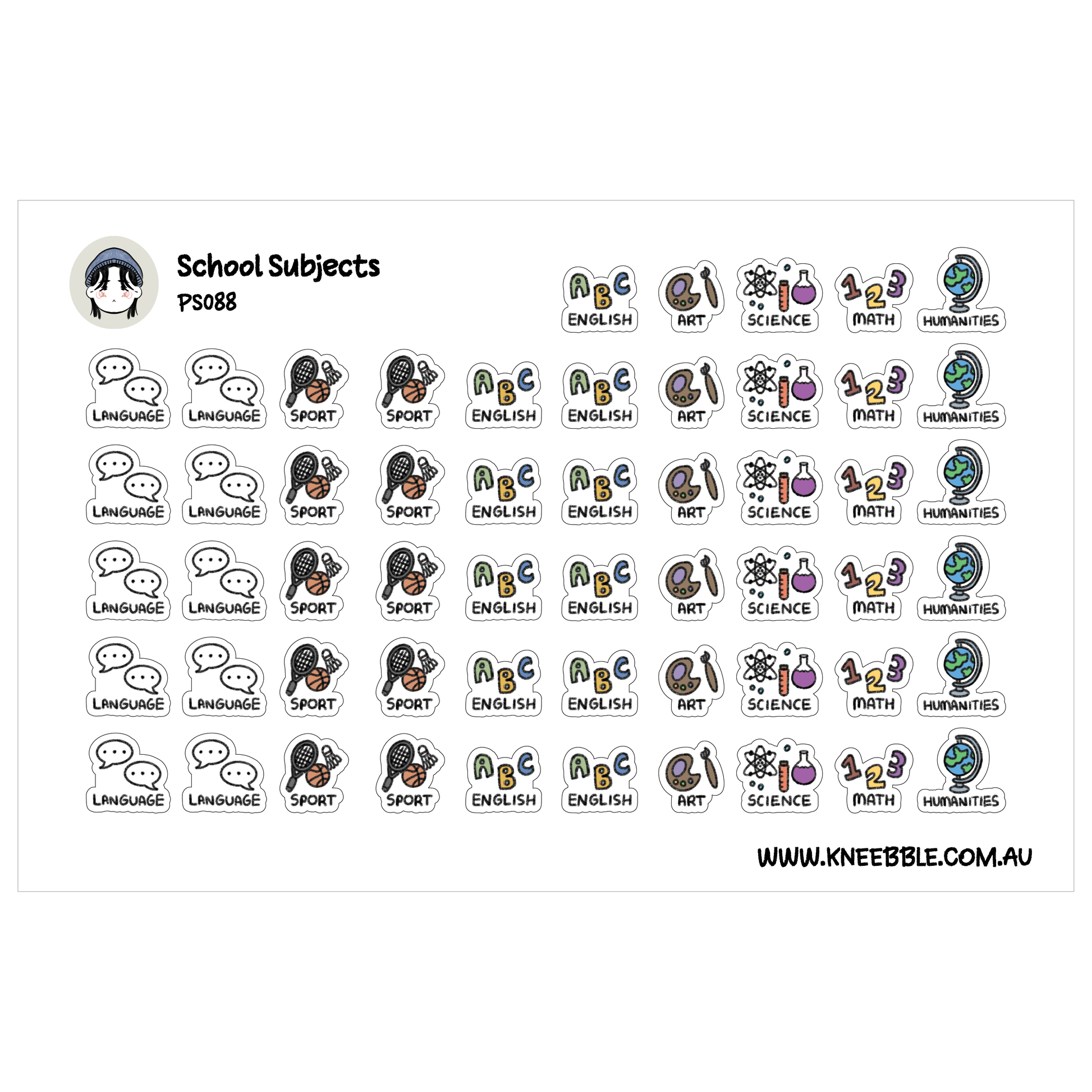 a collection of school subjects, each represented by a unique symbol or icon. The subjects include Language, Sport, English, Science, Math, History, and Arts. The symbols are arranged in a grid format, with each row representing a different subject and each column representing a different symbol. The image does not contain any text, and the symbols are not described in detail.