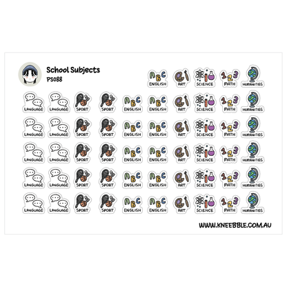 a collection of school subjects, each represented by a unique symbol or icon. The subjects include Language, Sport, English, Science, Math, History, and Arts. The symbols are arranged in a grid format, with each row representing a different subject and each column representing a different symbol. The image does not contain any text, and the symbols are not described in detail.