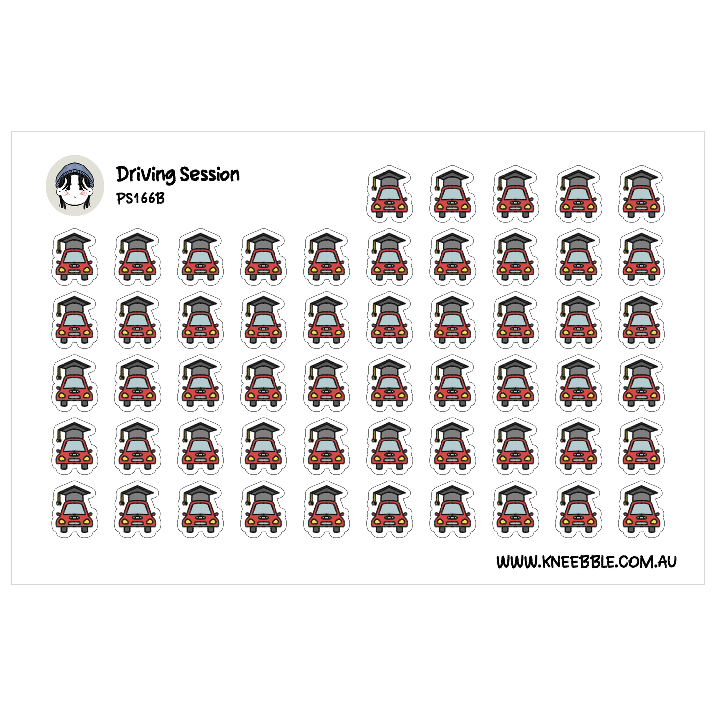 a grid of small stickers with various car designs, including a person wearing a graduation cap.