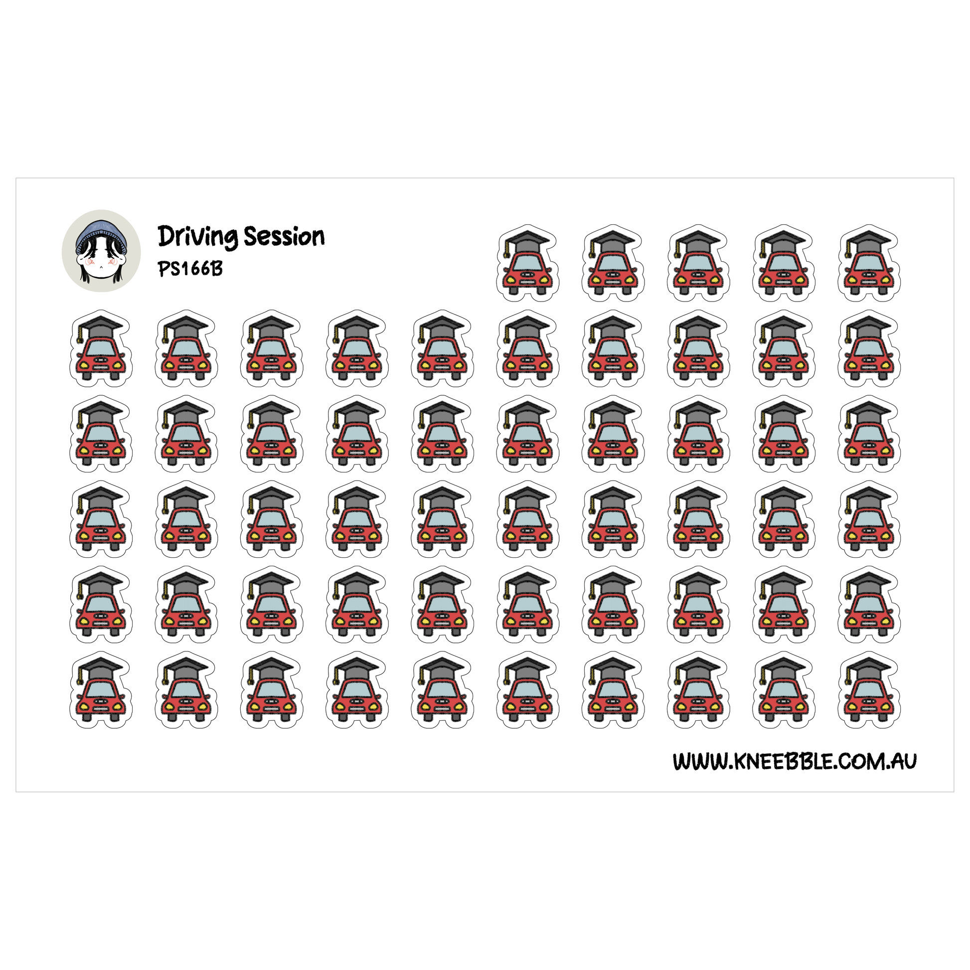 a grid of small stickers with various car designs, including a person wearing a graduation cap.