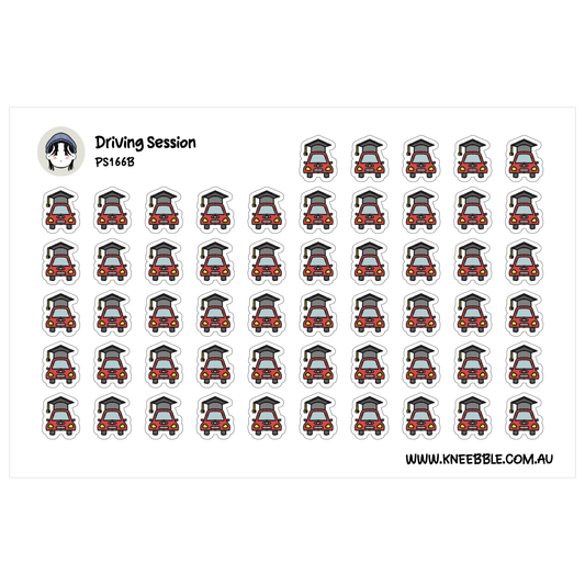 a grid of small stickers with various car designs, including a person wearing a graduation cap.