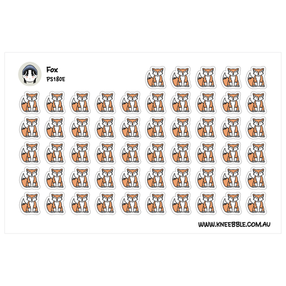 a grid of identical stickers, each depicting a cartoon-style illustration of a fox.