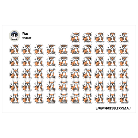a grid of identical stickers, each depicting a cartoon-style illustration of a fox.