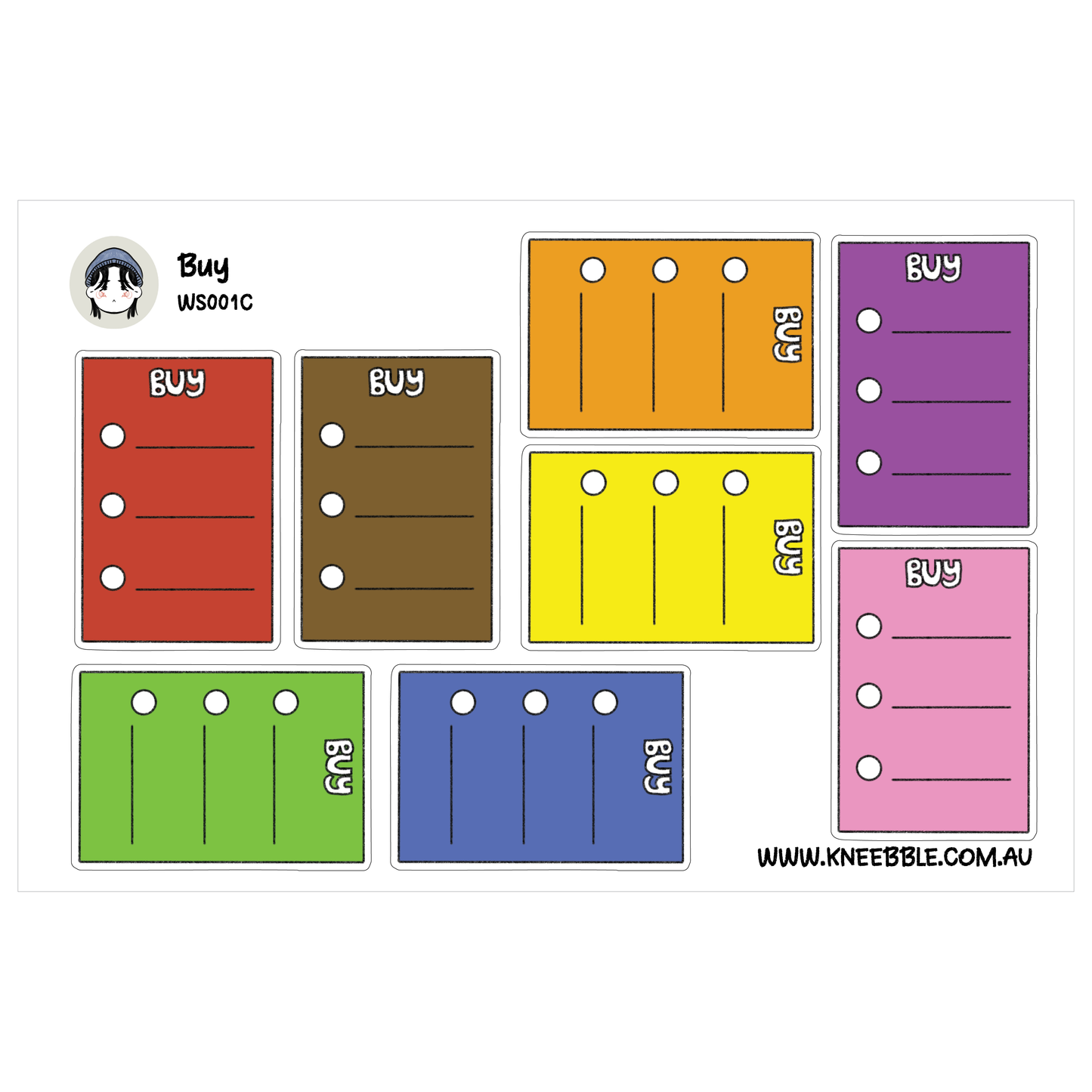 a collection of colorful stickers with the word "BUY" written on them.