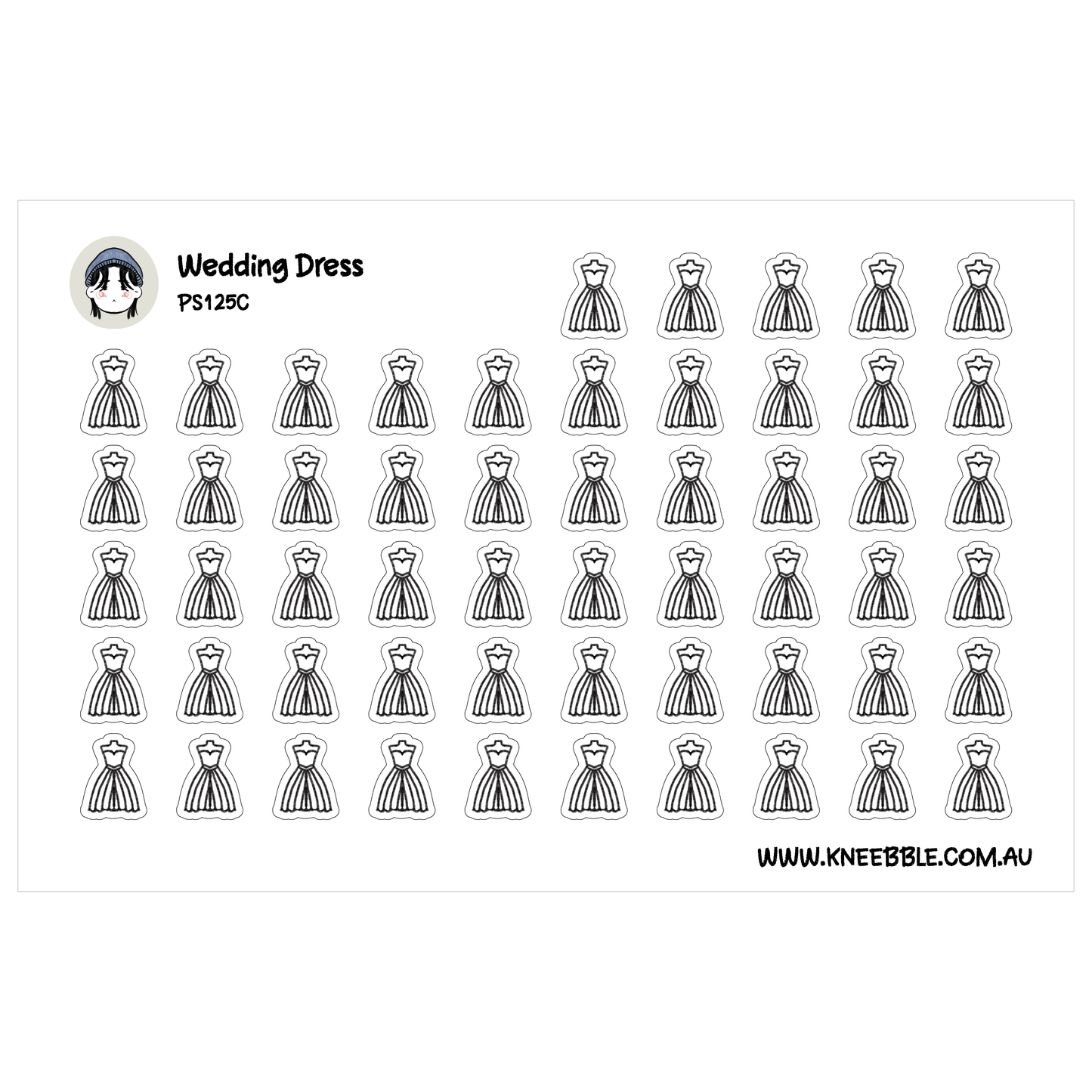 a grid of black and white icons depicting various styles of wedding dresses.