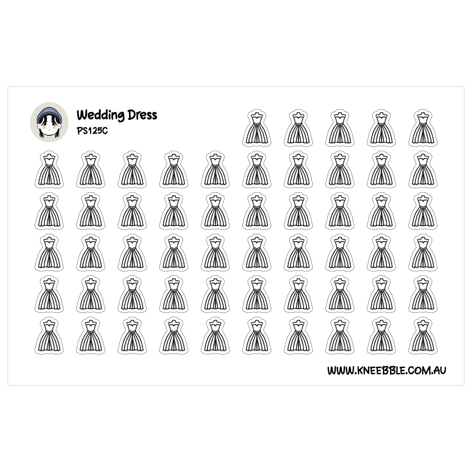 a grid of black and white icons depicting various styles of wedding dresses.