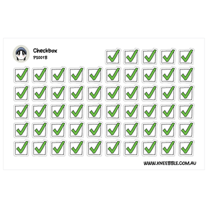 a grid of green checkboxes with a black and white face icon above them.