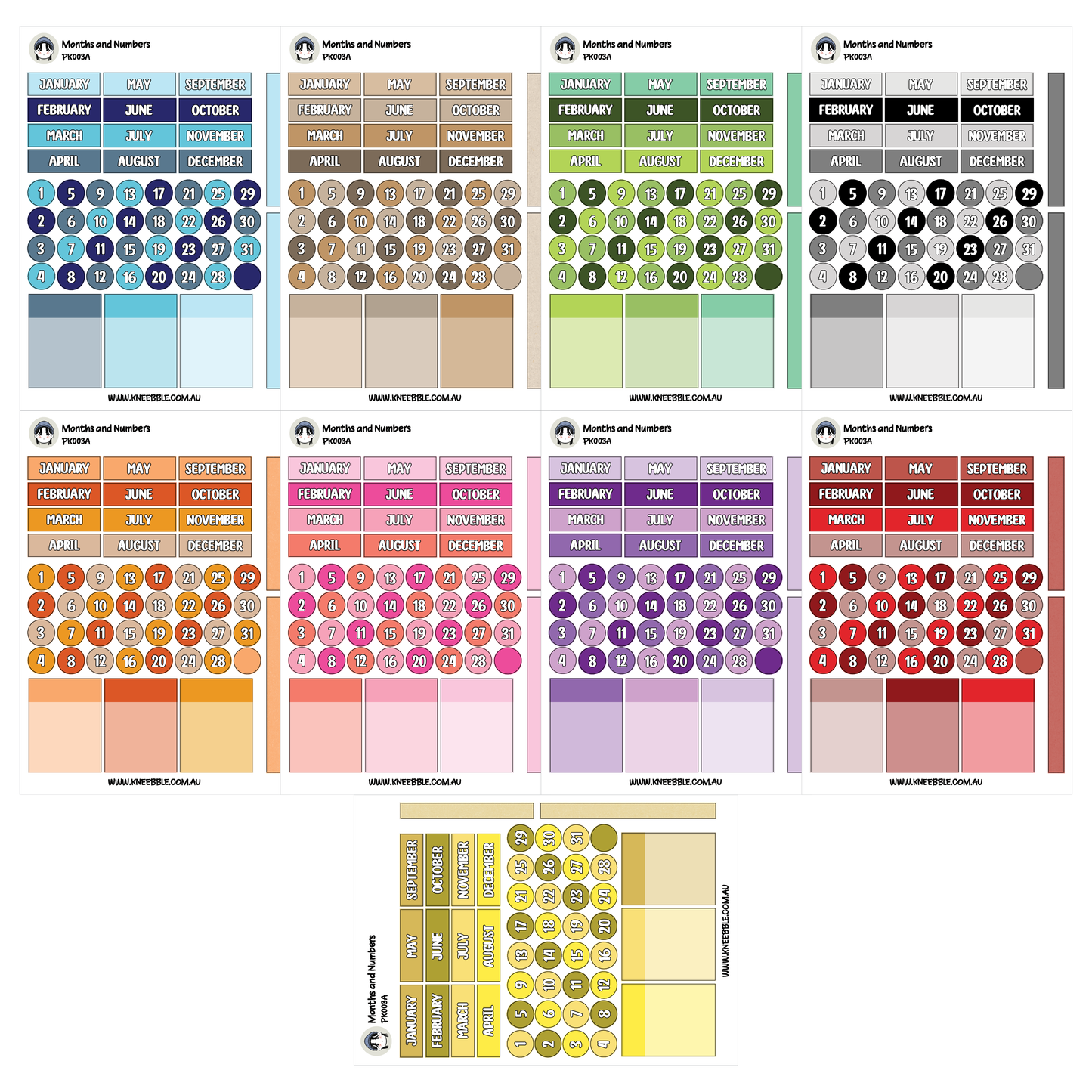 a grid of nine colorful calendars, each representing a different month and year. The calendars display various patterns and colors, creating a visually appealing and diverse collection of timekeeping tools.