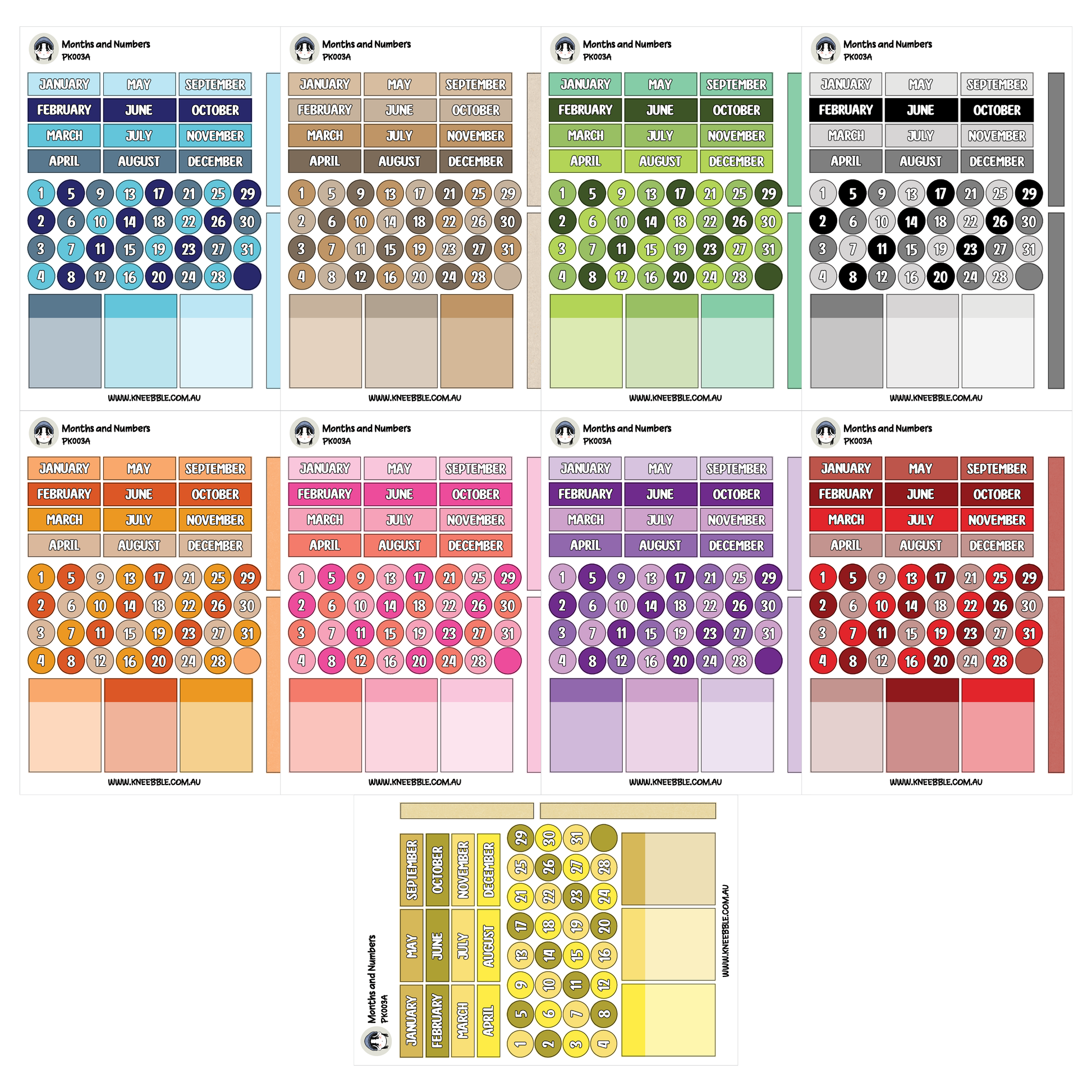 a grid of nine colorful calendars, each representing a different month and year. The calendars display various patterns and colors, creating a visually appealing and diverse collection of timekeeping tools.