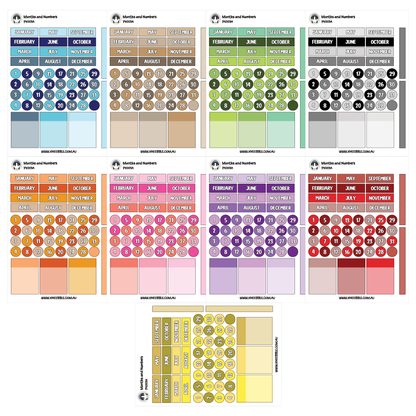a grid of nine colorful calendars, each representing a different month and year. The calendars display various patterns and colors, creating a visually appealing and diverse collection of timekeeping tools.