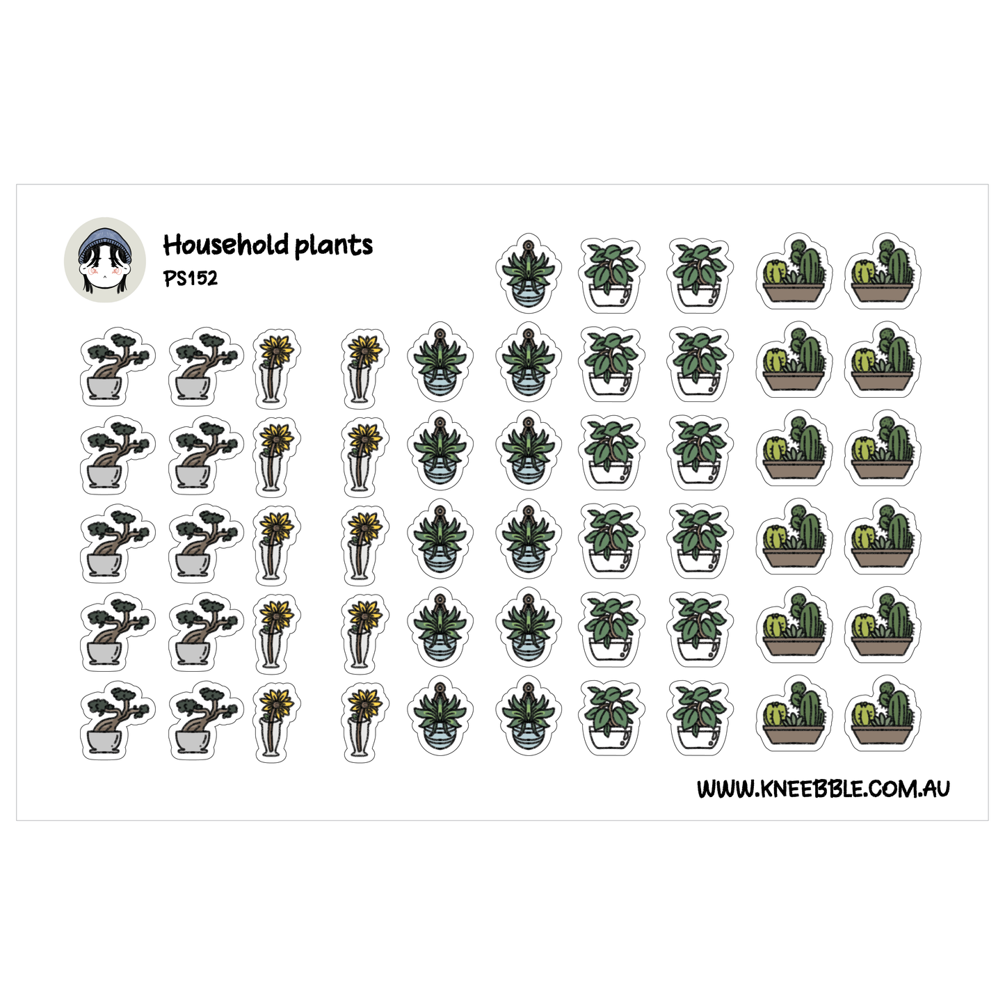 a collection of stickers depicting various types of household plants, including cacti, succulents, and ferns, arranged in rows and columns.