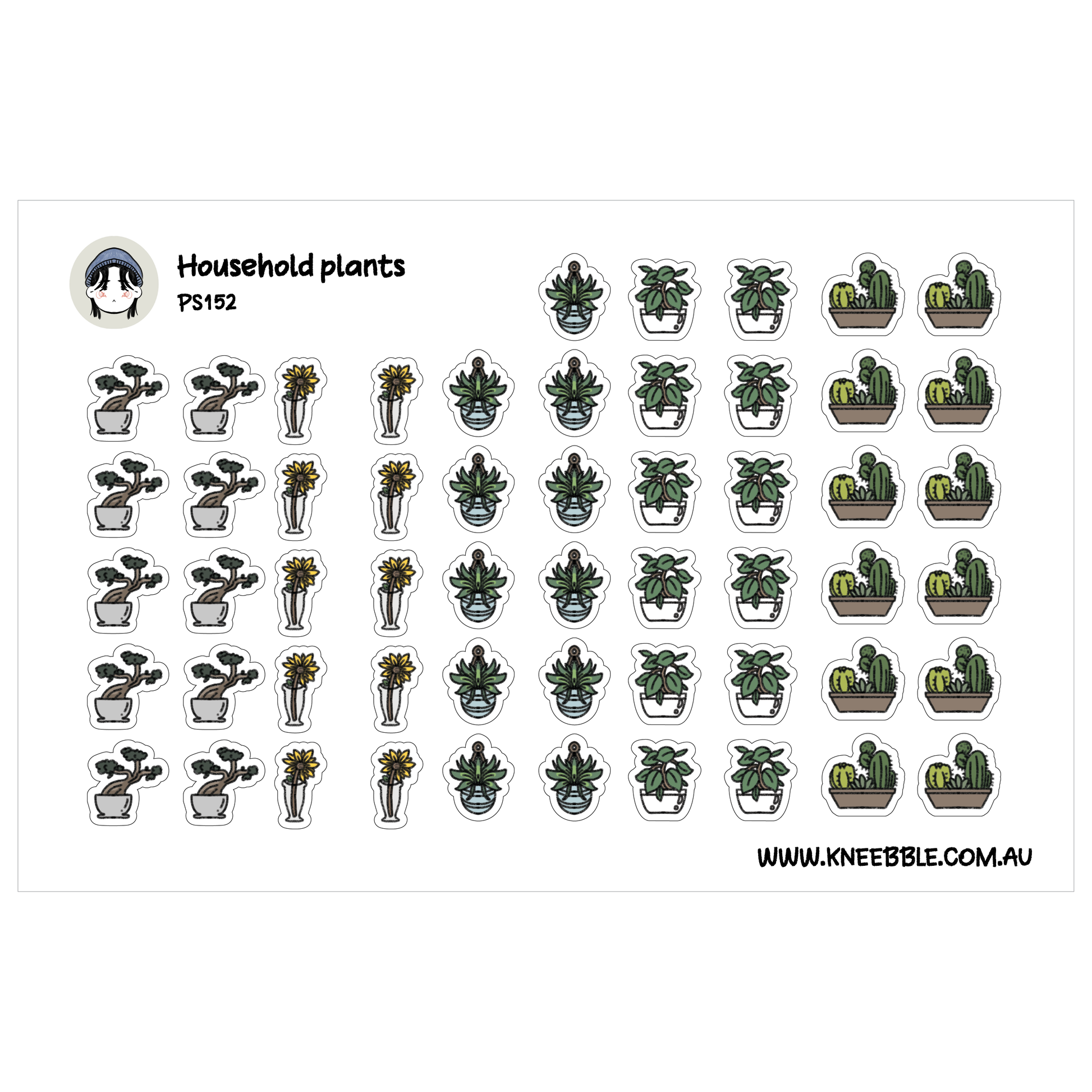 a collection of stickers depicting various types of household plants, including cacti, succulents, and ferns, arranged in rows and columns.