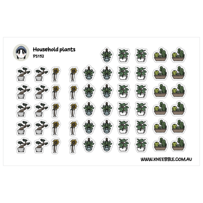 a collection of stickers depicting various types of household plants, including cacti, succulents, and ferns, arranged in rows and columns.