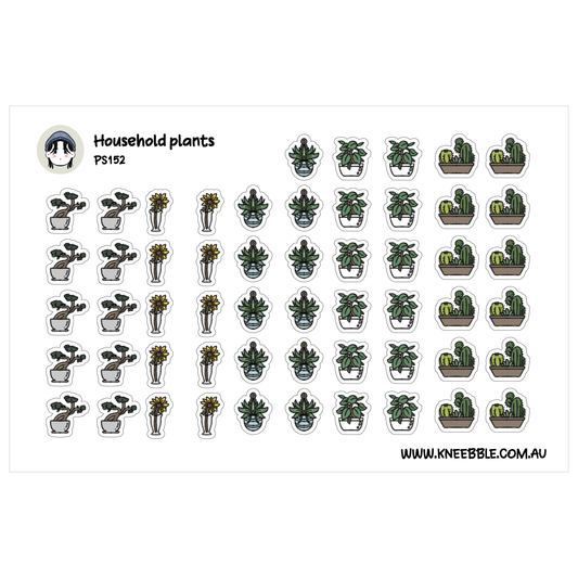 a collection of stickers depicting various types of household plants, including cacti, succulents, and ferns, arranged in rows and columns.