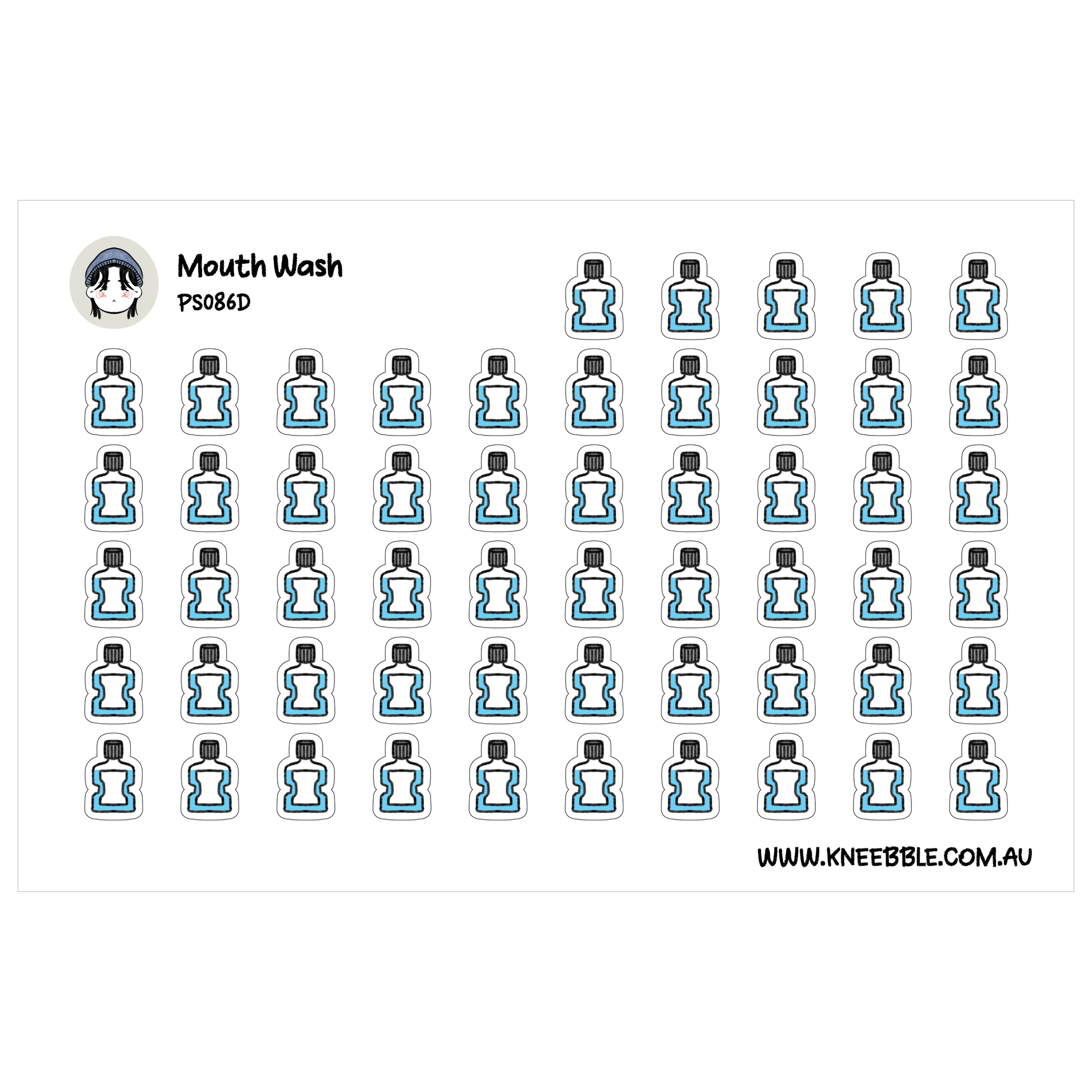 a grid of blue and white icons representing mouthwash bottles, arranged in rows and columns.