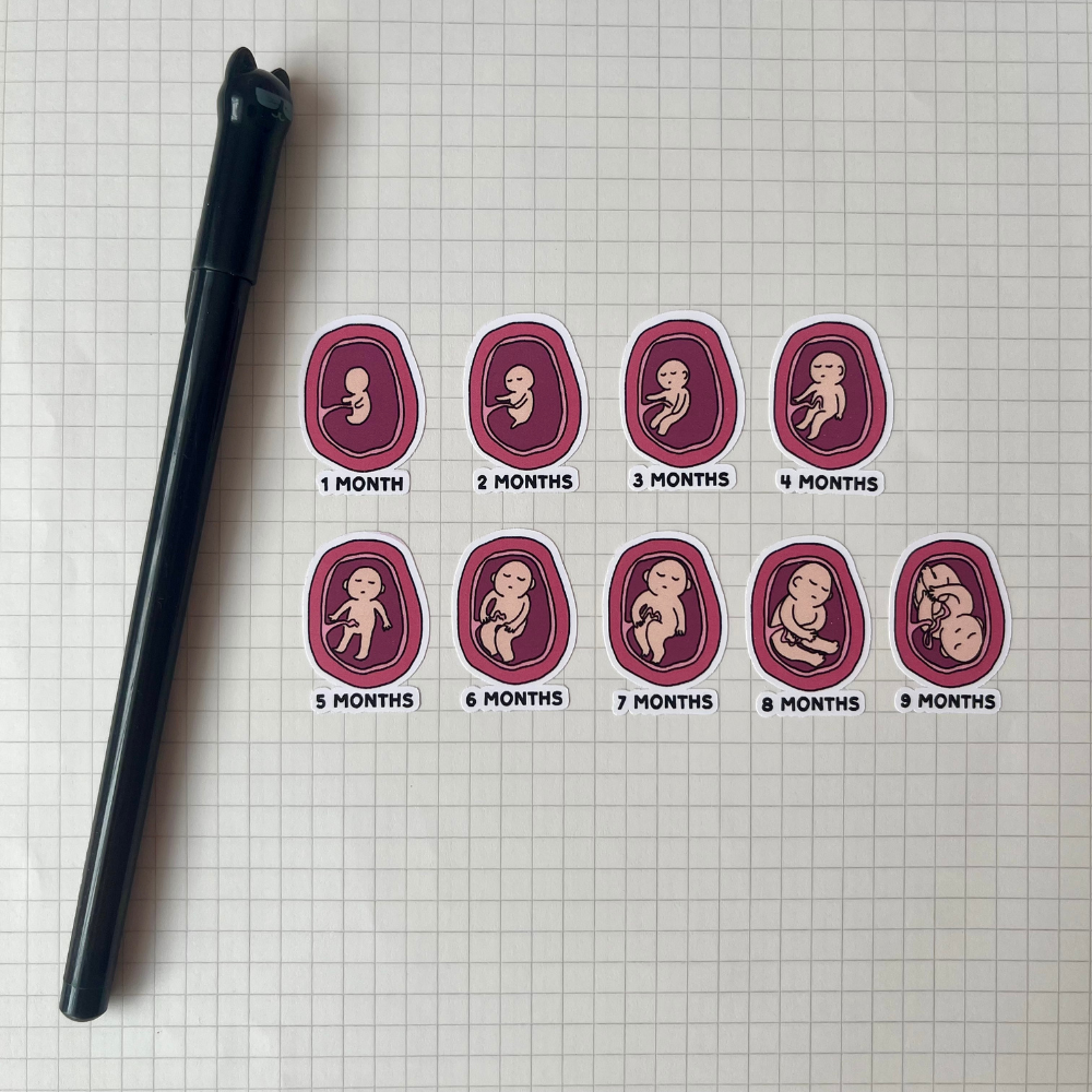 A collection of nine stickers depicting the stages of human development from 1 month to 9 months, arranged on a grid-like background.