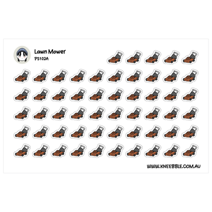 a grid of identical lawn mower stickers arranged in a visually pleasing pattern.