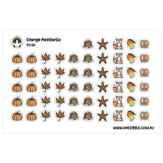 a collection of various autumn-themed stickers, including pumpkins, leaves, pancakes, stars, and other seasonal symbols.