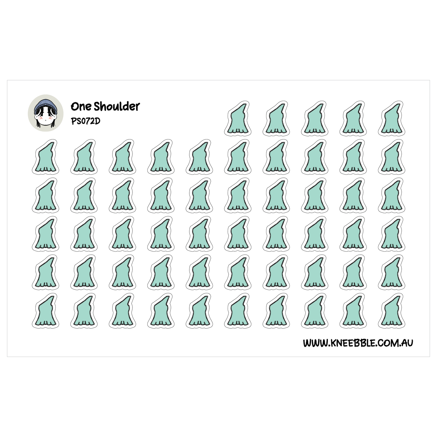 a grid of small green stickers arranged in rows and columns, with the text "One Shoulder" and "PS072D" printed above them.