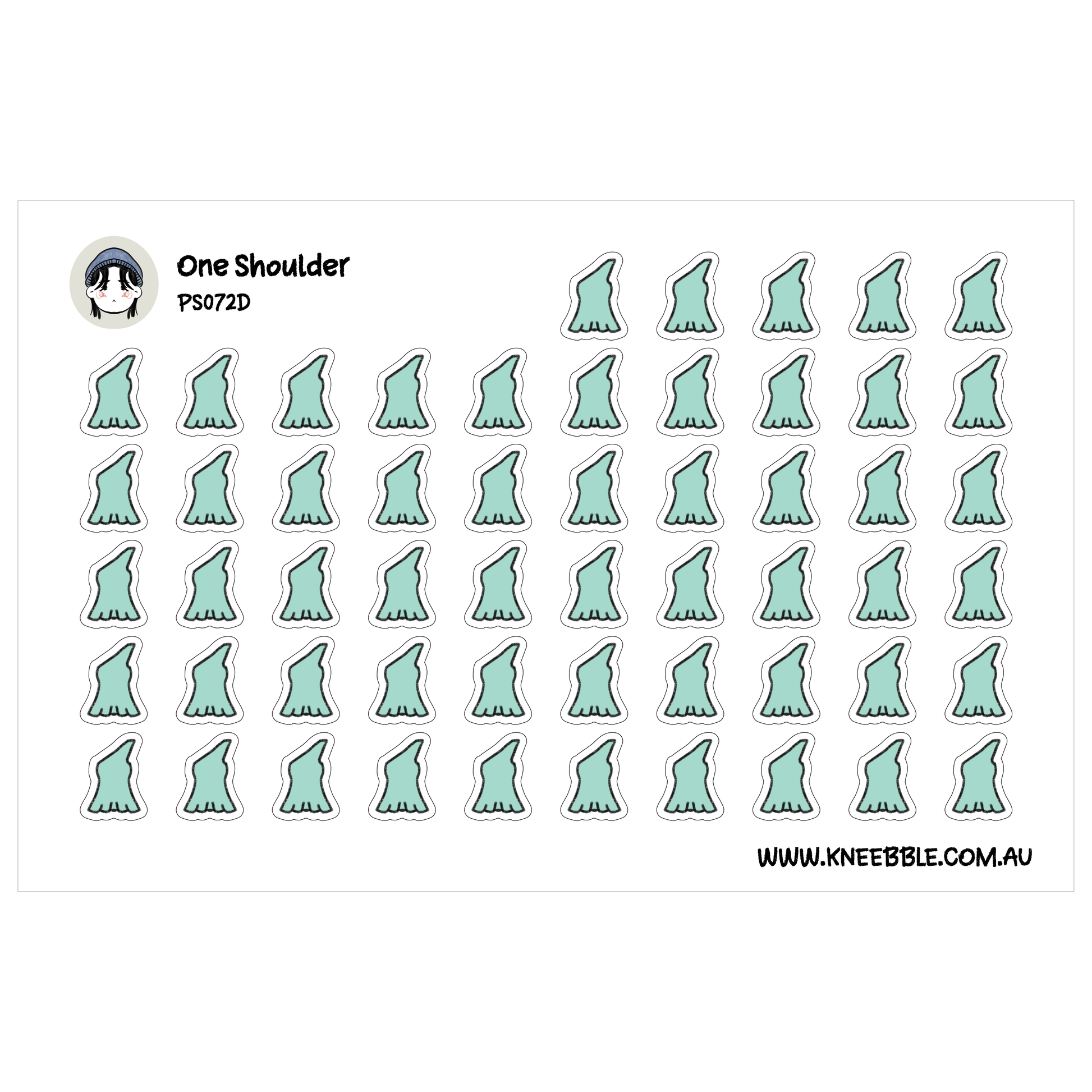 a grid of small green stickers arranged in rows and columns, with the text "One Shoulder" and "PS072D" printed above them.