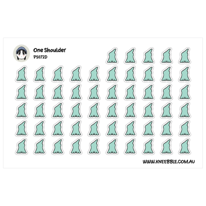 a grid of small green stickers arranged in rows and columns, with the text "One Shoulder" and "PS072D" printed above them.