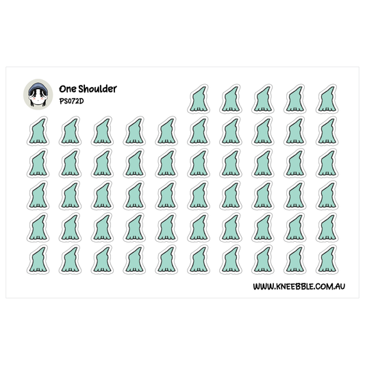 a grid of small green stickers arranged in rows and columns, with the text "One Shoulder" and "PS072D" printed above them.