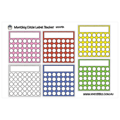 The image is a collection of six different colored labels, each with a unique design, arranged in a grid. The labels appear to be used for tracking or organizing something, possibly related to a calendar or a project.