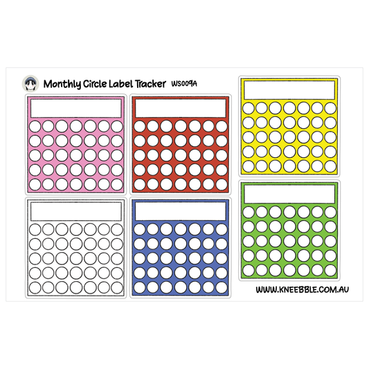 The image is a collection of six different colored labels, each with a unique design, arranged in a grid. The labels appear to be used for tracking or organizing something, possibly related to a calendar or a project.