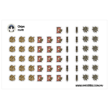 a collection of various stickers, including images of chips, cans, and other objects. The stickers are arranged in rows and columns, creating a visually organized and structured composition.