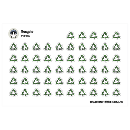 a grid of green recycling symbol stickers arranged in rows and columns.