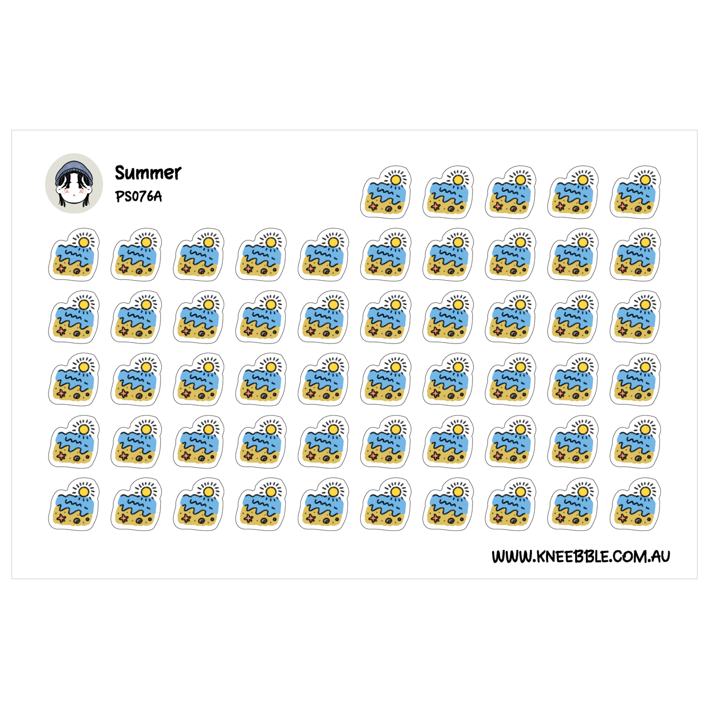 a grid of stickers with various beach-related designs, including sun, sand, and water.