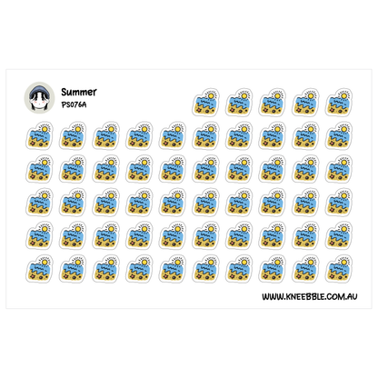 a grid of stickers with various beach-related designs, including sun, sand, and water.